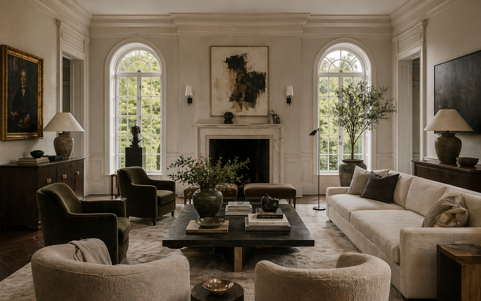 Stockbridge Estate - Formal living room with arched windows, marble fireplace, and curated art