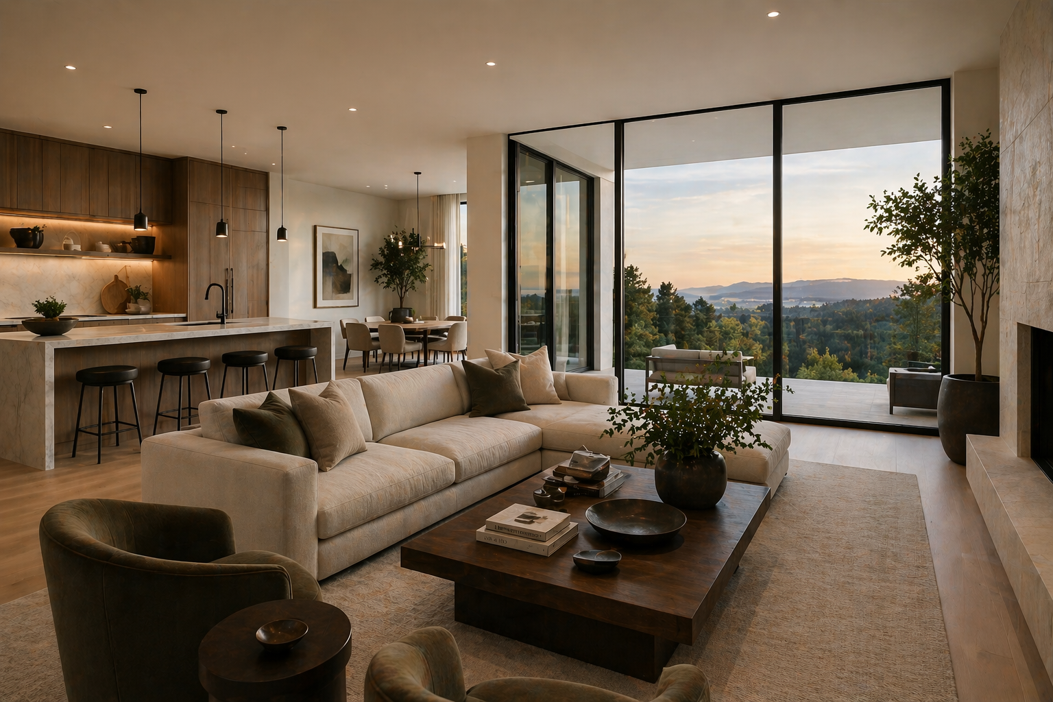 Crystal Springs Modern - Open-plan living with panoramic hill views