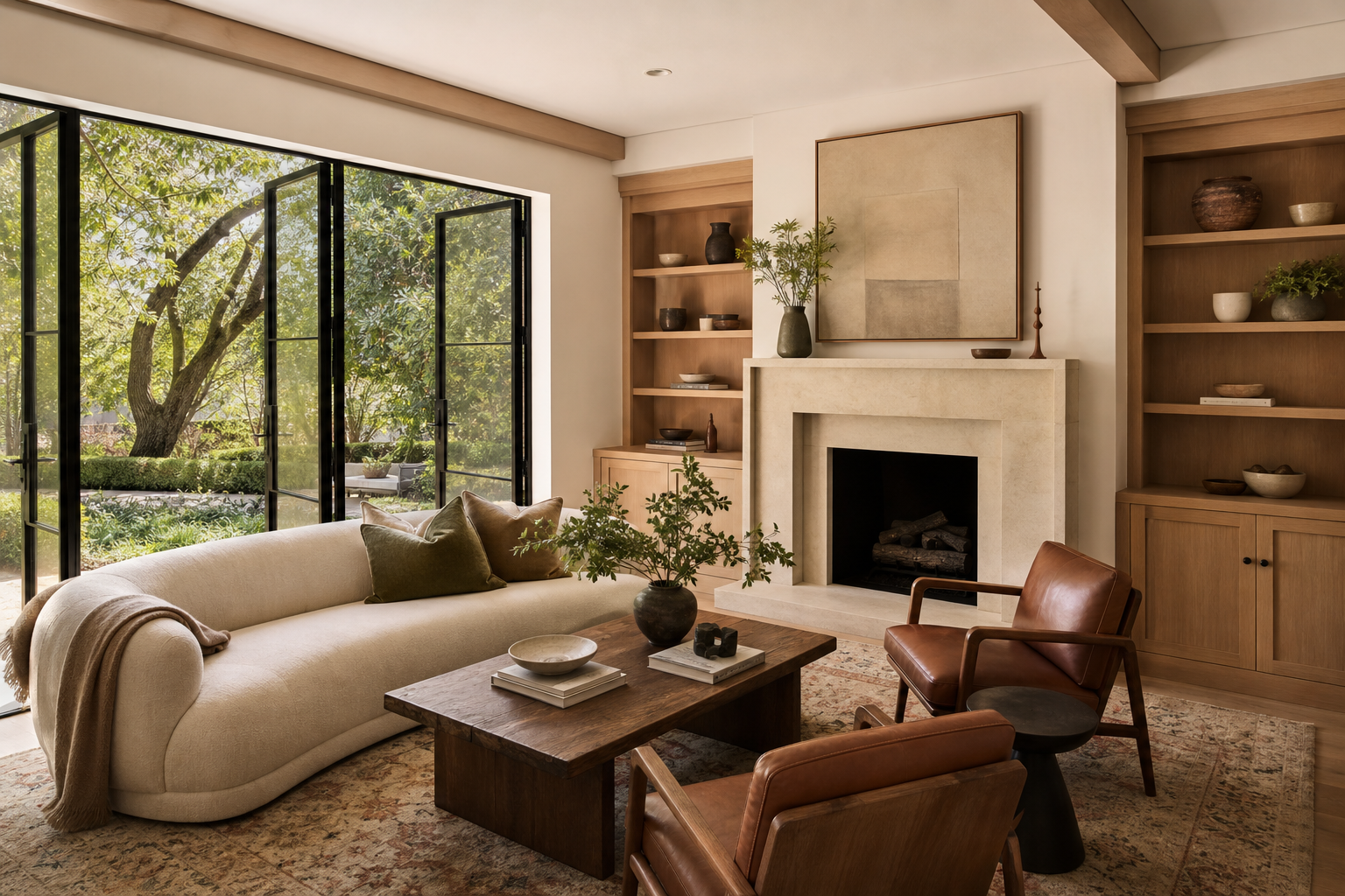 Allied Arts Residence - Warm craftsman family room opening to a leafy garden