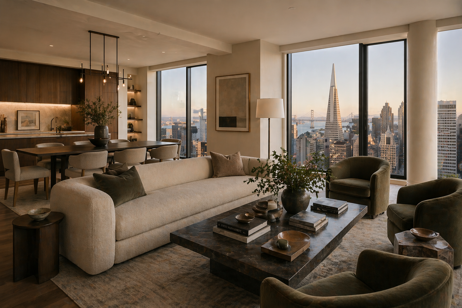 Nob Hill Penthouse - High-rise living room with skyline views at sunset